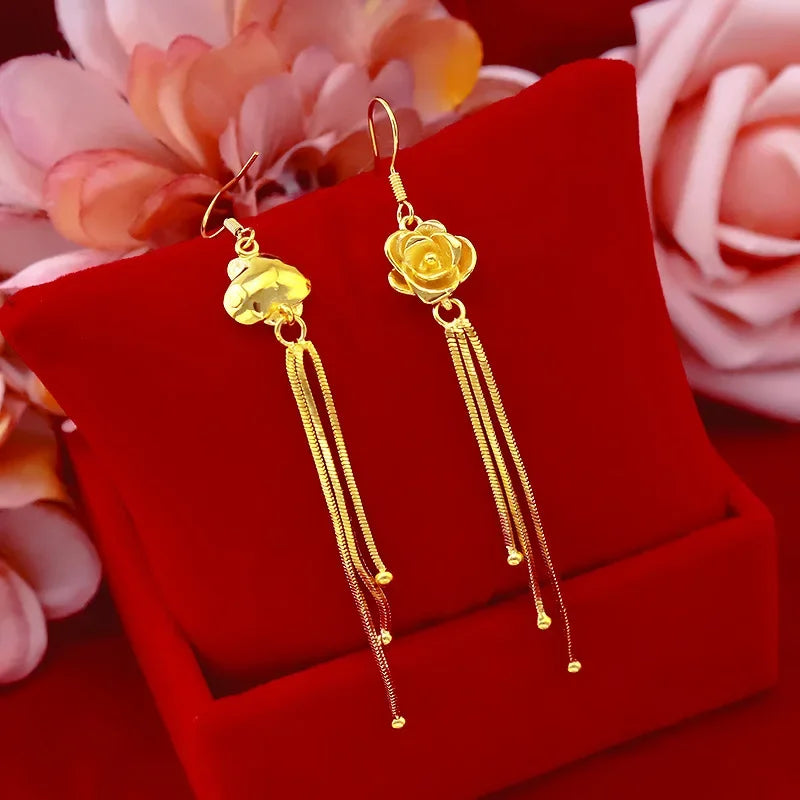 Boucles d'oreilles en or véritable 999, or jaune 24K, fleur à la mode, crochet d'oreille en fleur de Rose