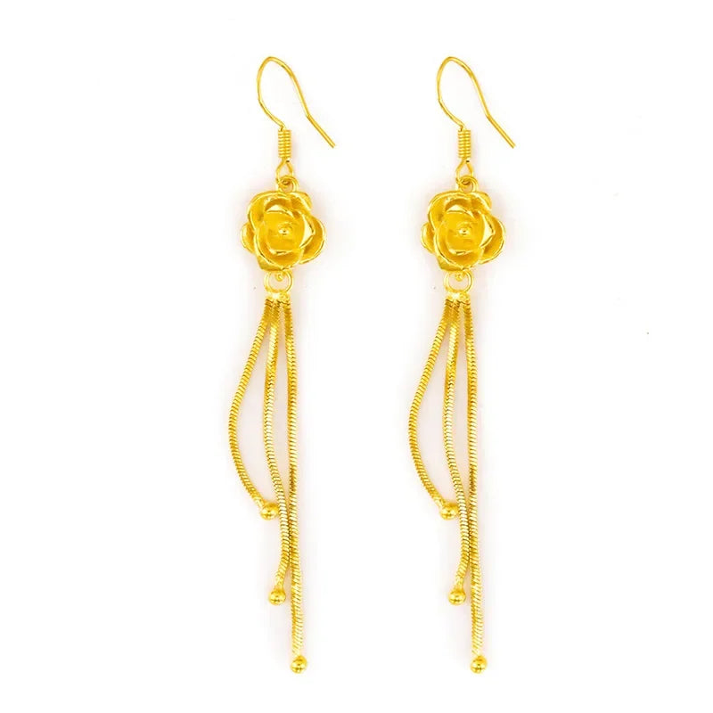 Boucles d'oreilles en or véritable 999, or jaune 24K, fleur à la mode, crochet d'oreille en fleur de Rose