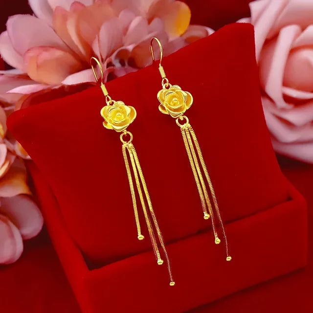 Boucles d'oreilles en or véritable 999, or jaune 24K, fleur à la mode, crochet d'oreille en fleur de Rose