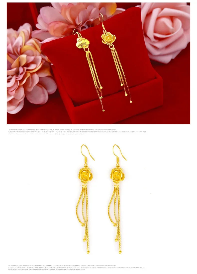 Boucles d'oreilles en or véritable 999, or jaune 24K, fleur à la mode, crochet d'oreille en fleur de Rose