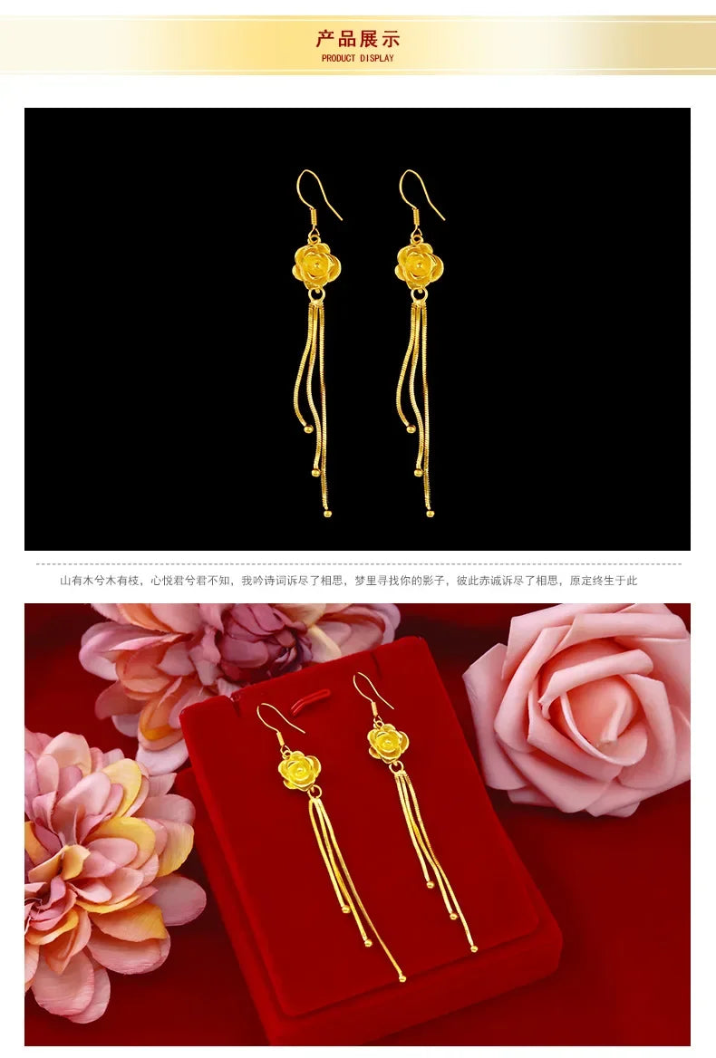 Boucles d'oreilles en or véritable 999, or jaune 24K, fleur à la mode, crochet d'oreille en fleur de Rose