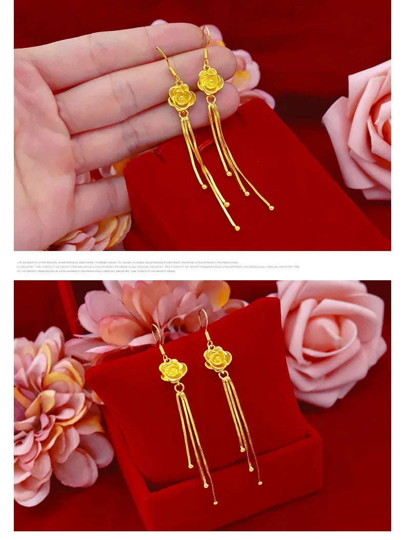 Boucles d'oreilles en or véritable 999, or jaune 24K, fleur à la mode, crochet d'oreille en fleur de Rose