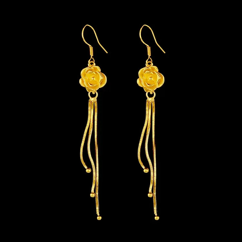 Boucles d'oreilles en or véritable 999, or jaune 24K, fleur à la mode, crochet d'oreille en fleur de Rose